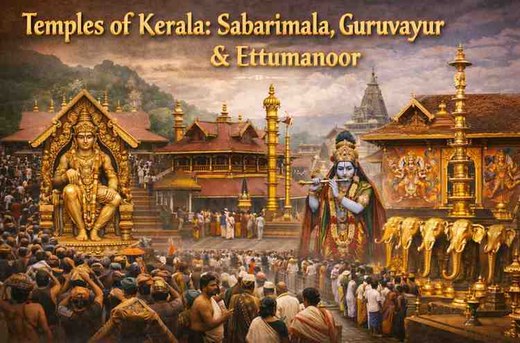 Temples of Kerala collage showing Sabarimala Ayyappa Temple, Guruvayur Krishna Temple, and Ettumanoor Mahadeva Temple with devotees and traditional Kerala temple architecture.