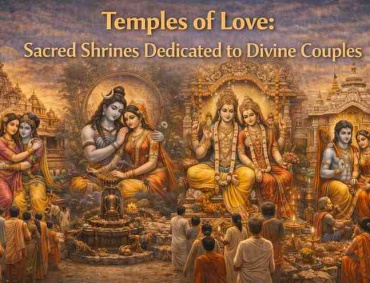 Temples of Love collage showing Radha Krishna, Shiva Parvati, Lakshmi Vishnu, and Rama Sita with devotees worshipping divine couples in Hindu temples.