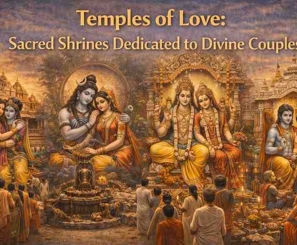 Temples of Love collage showing Radha Krishna, Shiva Parvati, Lakshmi Vishnu, and Rama Sita with devotees worshipping divine couples in Hindu temples.