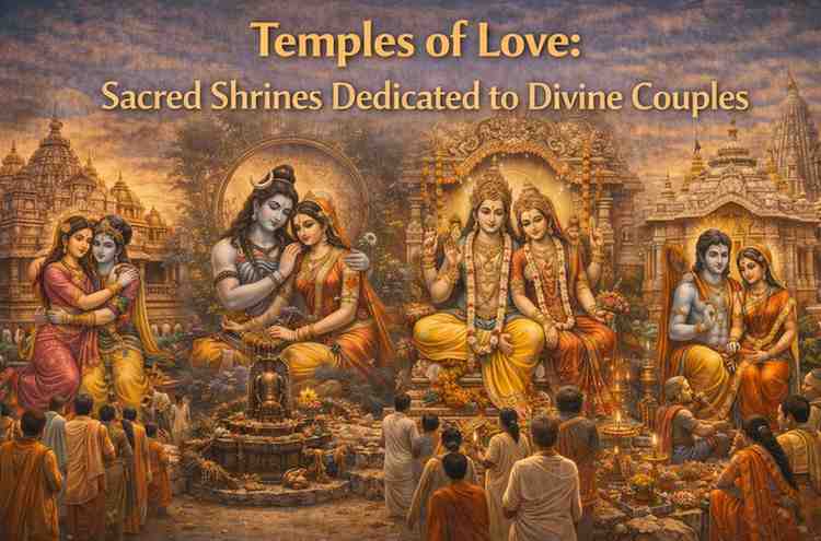 Temples of Love collage showing Radha Krishna, Shiva Parvati, Lakshmi Vishnu, and Rama Sita with devotees worshipping divine couples in Hindu temples.