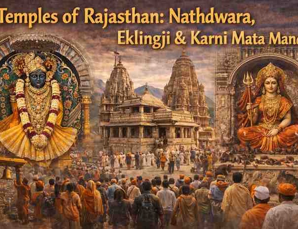 Temples of Rajasthan collage showing Nathdwara Shrinathji Temple, Eklingji Shiva Temple, and Karni Mata Mandir with devotees and traditional Rajasthani temple architecture.