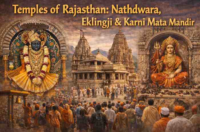Temples of Rajasthan collage showing Nathdwara Shrinathji Temple, Eklingji Shiva Temple, and Karni Mata Mandir with devotees and traditional Rajasthani temple architecture.
