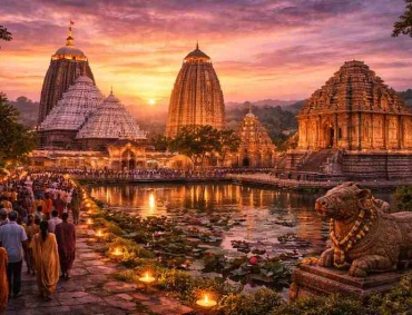 Orissa Temple Triangle showcasing Jagannath Temple in Puri, Konark Sun Temple and ancient Bhubaneswar temples at sunset with devotees and lamps