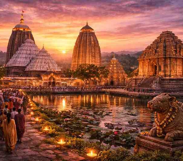 Orissa Temple Triangle showcasing Jagannath Temple in Puri, Konark Sun Temple and ancient Bhubaneswar temples at sunset with devotees and lamps