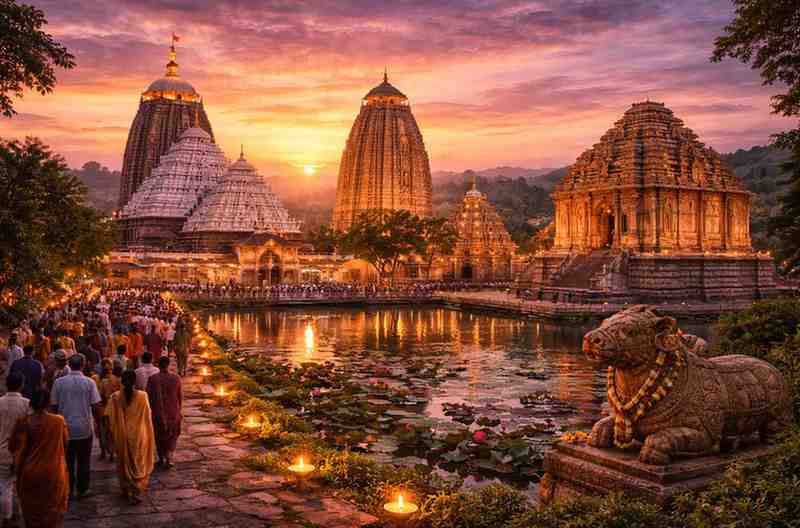 Orissa Temple Triangle showcasing Jagannath Temple in Puri, Konark Sun Temple and ancient Bhubaneswar temples at sunset with devotees and lamps