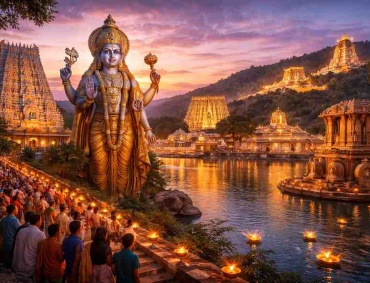 Illuminated South Indian Vishnu temples with grand gopurams and devotees walking along a sacred temple tank at sunset