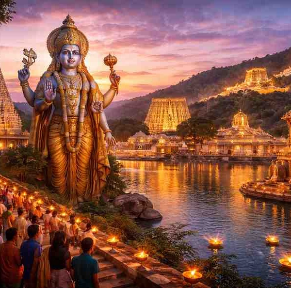Illuminated South Indian Vishnu temples with grand gopurams and devotees walking along a sacred temple tank at sunset