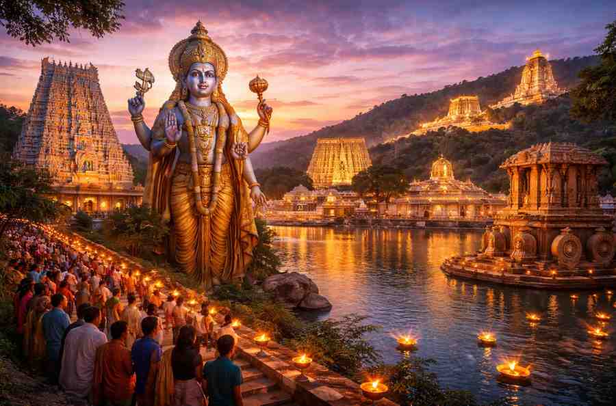 Illuminated South Indian Vishnu temples with grand gopurams and devotees walking along a sacred temple tank at sunset