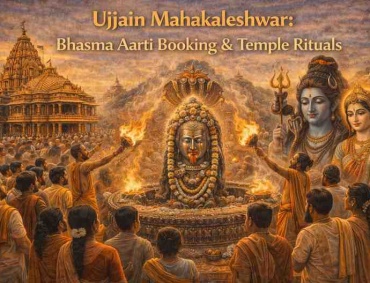 Ujjain Mahakaleshwar Temple Bhasma Aarti ritual with priests performing aarti around the sacred Shiva Lingam and devotees gathered in worship.