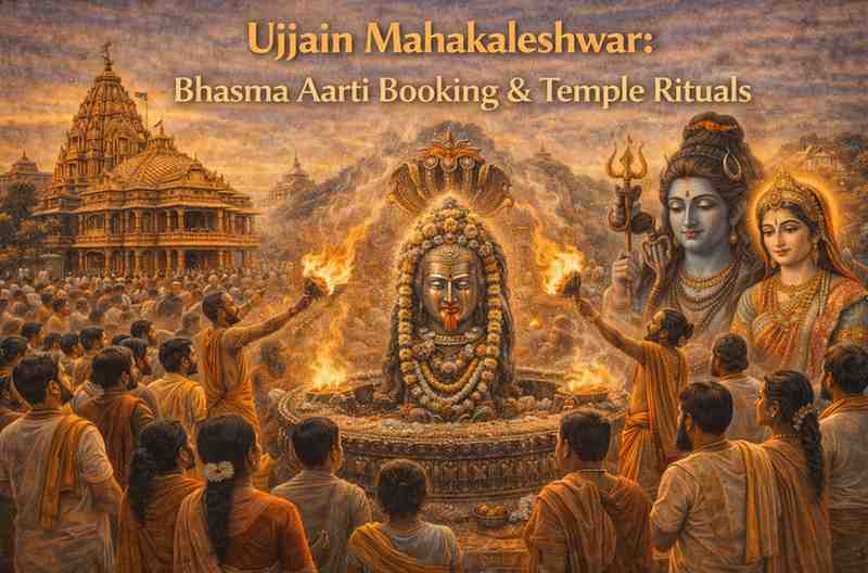 Ujjain Mahakaleshwar Temple Bhasma Aarti ritual with priests performing aarti around the sacred Shiva Lingam and devotees gathered in worship.