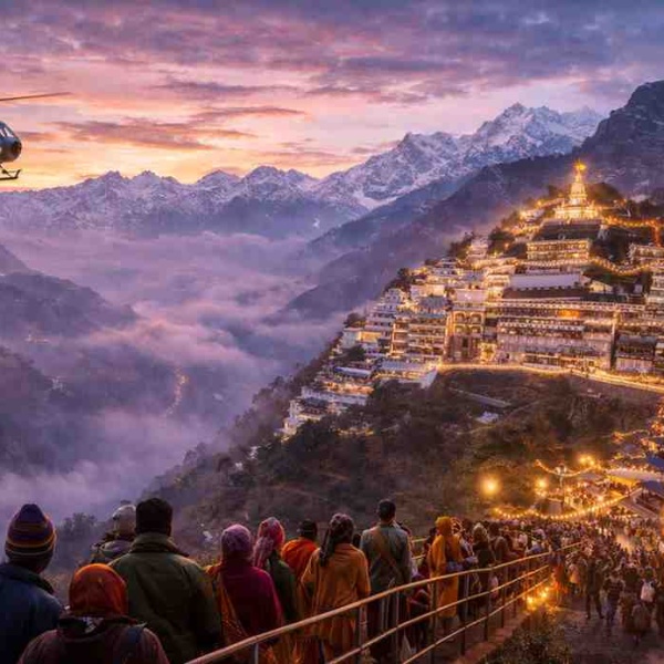 Pilgrims walking towards Vaishno Devi Bhawan at dusk with helicopter flying over Trikuta mountains during Vaishno Devi Yatra 2026