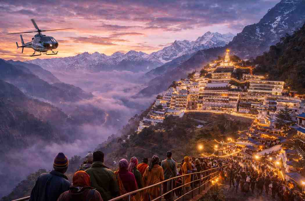 Pilgrims walking towards Vaishno Devi Bhawan at dusk with helicopter flying over Trikuta mountains during Vaishno Devi Yatra 2026