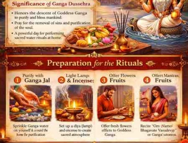 The Complete Guide to Ganga Dussehra Home Rituals infographic showing Maa Ganga, puja preparation steps, Ganga jal purification, diya lighting and mantra chanting