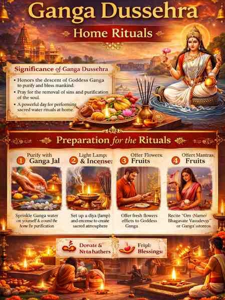 The Complete Guide to Ganga Dussehra Home Rituals infographic showing Maa Ganga, puja preparation steps, Ganga jal purification, diya lighting and mantra chanting