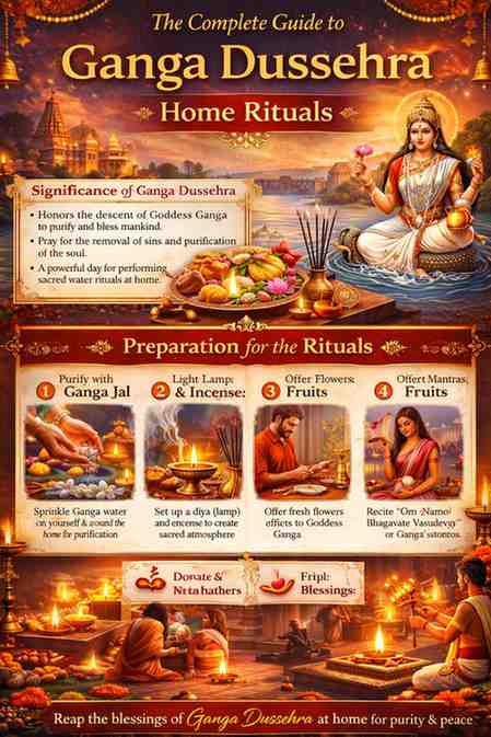 The Complete Guide to Ganga Dussehra Home Rituals infographic showing Maa Ganga, puja preparation steps, Ganga jal purification, diya lighting and mantra chanting