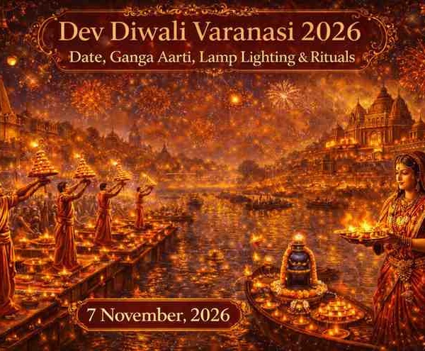 Dev Diwali Varanasi 2026 Ganga Aarti at illuminated ghats with priests performing aarti, thousands of diyas and fireworks