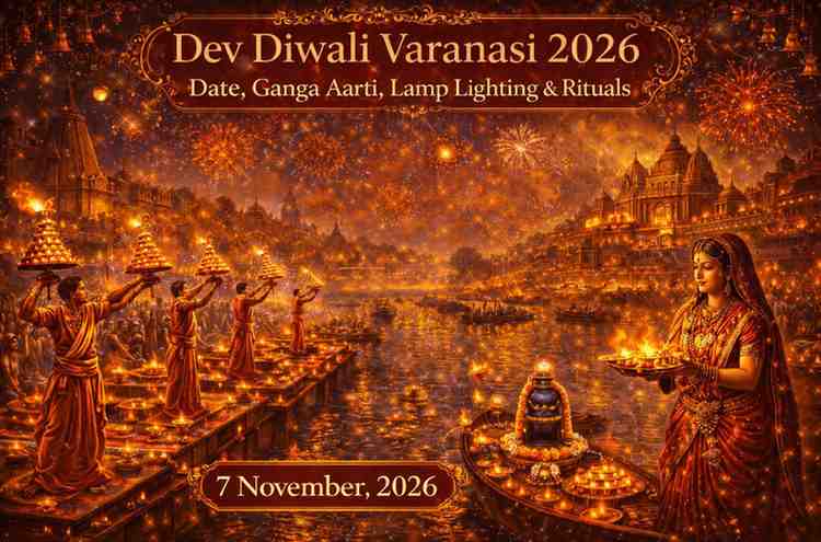 Dev Diwali Varanasi 2026 Ganga Aarti at illuminated ghats with priests performing aarti, thousands of diyas and fireworks