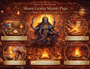 How to Perform Shani Graha Shanti Puja step by step guide featuring Lord Shani, havan fire ritual, altar setup and mantra chanting