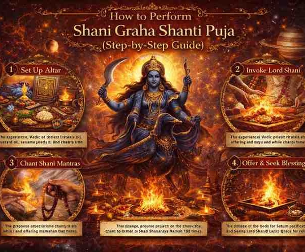 How to Perform Shani Graha Shanti Puja step by step guide featuring Lord Shani, havan fire ritual, altar setup and mantra chanting