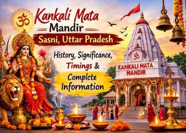 Kankali Mata Mandir Sasni Uttar Pradesh temple with Goddess idol, lion mount, diyas and devotees at sunset
