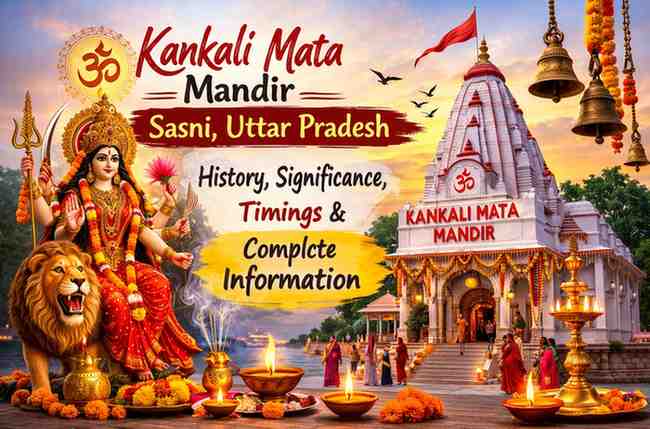 Kankali Mata Mandir Sasni Uttar Pradesh temple with Goddess idol, lion mount, diyas and devotees at sunset