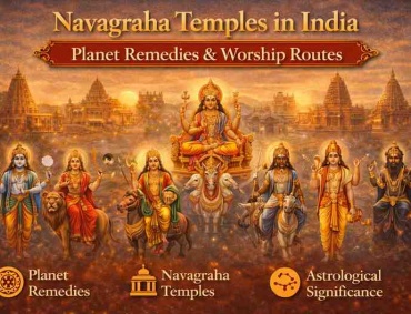 Navagraha temples in India with nine planetary deities illustration showing planet remedies and astrological worship routes