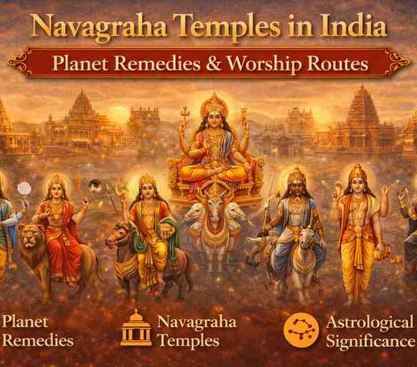 Navagraha temples in India with nine planetary deities illustration showing planet remedies and astrological worship routes