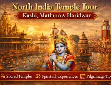North India temple tour featuring Kashi Vishwanath, Mathura Krishna temple, and Haridwar Ganga Aarti with Lord Krishna illustration