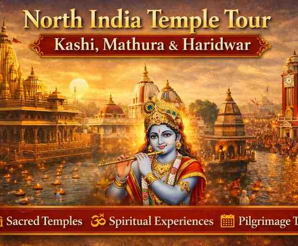 North India temple tour featuring Kashi Vishwanath, Mathura Krishna temple, and Haridwar Ganga Aarti with Lord Krishna illustration
