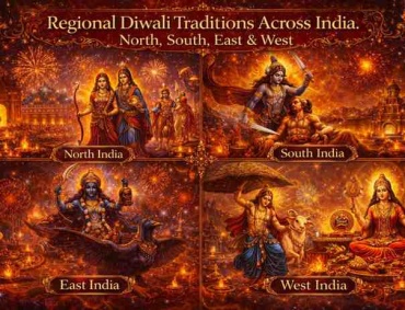 Regional Diwali traditions across India showing North, South, East and West celebrations with Rama, Krishna, Kali and Lakshmi
