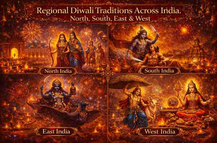 Regional Diwali traditions across India showing North, South, East and West celebrations with Rama, Krishna, Kali and Lakshmi