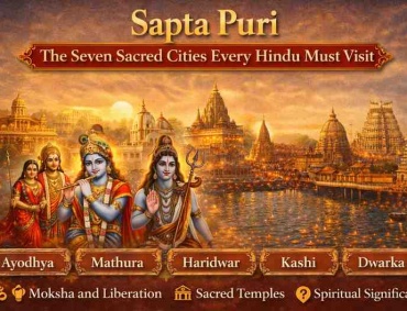 Sapta Puri – seven sacred cities of Hinduism including Ayodhya, Mathura, Haridwar, Kashi, and Dwarka with Hindu deities illustration