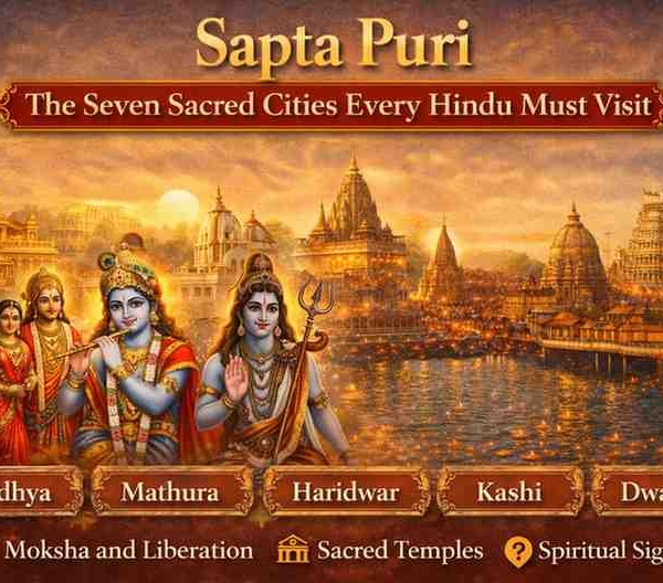 Sapta Puri – seven sacred cities of Hinduism including Ayodhya, Mathura, Haridwar, Kashi, and Dwarka with Hindu deities illustration
