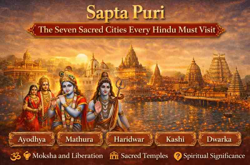 Sapta Puri – seven sacred cities of Hinduism including Ayodhya, Mathura, Haridwar, Kashi, and Dwarka with Hindu deities illustration