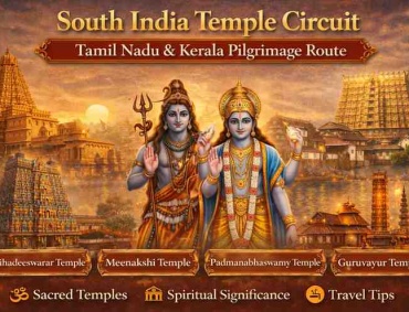 South India temple circuit featuring Brihadeeswarar Temple, Meenakshi Temple, Padmanabhaswamy Temple, and Guruvayur Temple with Shiva and Vishnu illustration