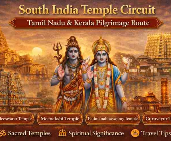 South India temple circuit featuring Brihadeeswarar Temple, Meenakshi Temple, Padmanabhaswamy Temple, and Guruvayur Temple with Shiva and Vishnu illustration