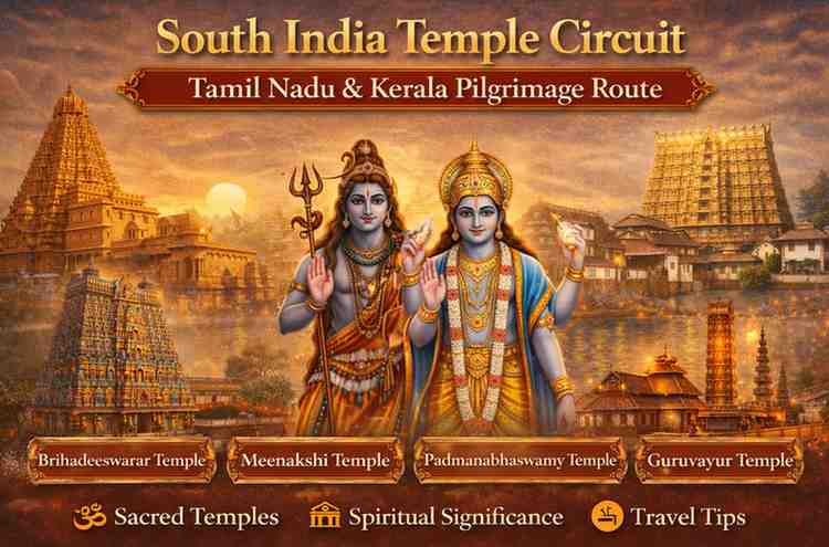 South India temple circuit featuring Brihadeeswarar Temple, Meenakshi Temple, Padmanabhaswamy Temple, and Guruvayur Temple with Shiva and Vishnu illustration