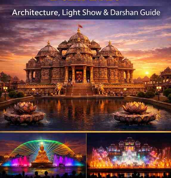 Akshardham Temple Delhi 2026 featuring grand Hindu architecture, evening light and water show, and darshan guide visuals