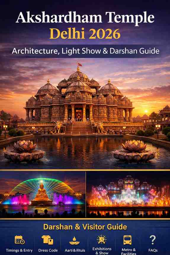 Akshardham Temple Delhi 2026 featuring grand Hindu architecture, evening light and water show, and darshan guide visuals