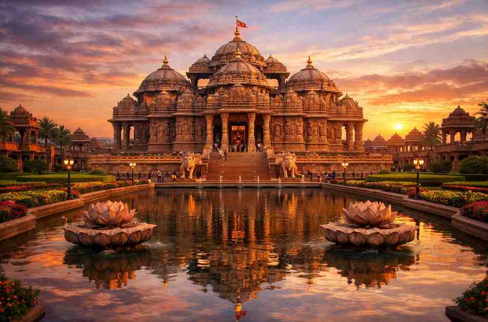 Akshardham Temple Delhi at sunset with grand stone carvings, lotus fountains, reflection in water, and visitors admiring the magnificent Hindu architecture.