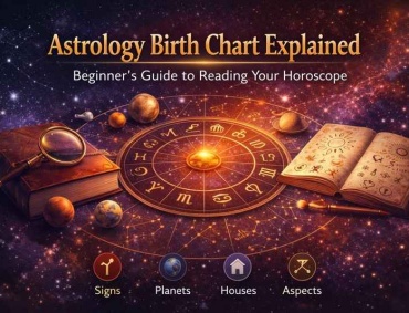Astrology birth chart explained for beginners showing zodiac signs, planets, houses, and aspects arranged in a cosmic chart layout