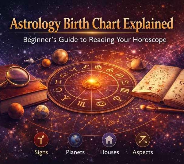 Astrology birth chart explained for beginners showing zodiac signs, planets, houses, and aspects arranged in a cosmic chart layout