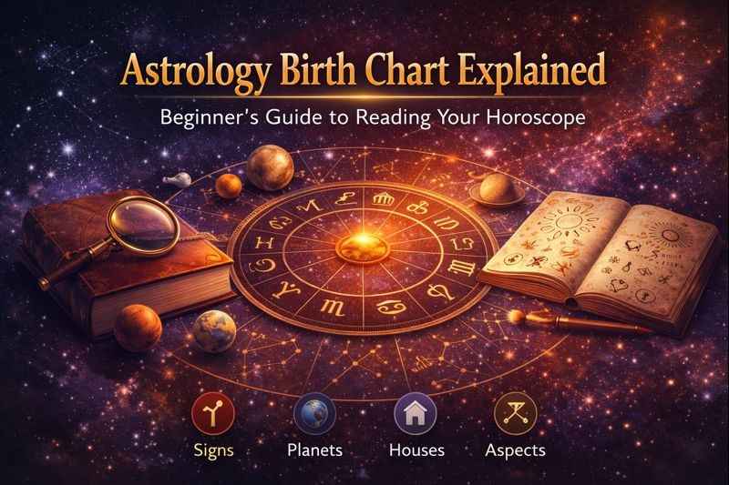 Astrology birth chart explained for beginners showing zodiac signs, planets, houses, and aspects arranged in a cosmic chart layout