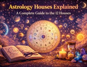 Astrology houses illustrated with a zodiac wheel, planets, and symbols showing the 12 life areas in a birth chart.