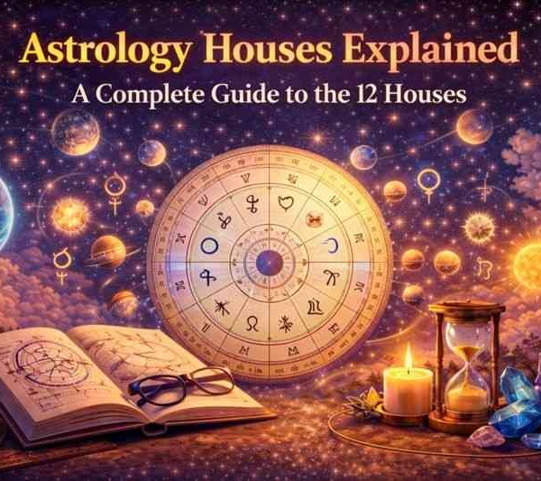 Astrology houses illustrated with a zodiac wheel, planets, and symbols showing the 12 life areas in a birth chart.