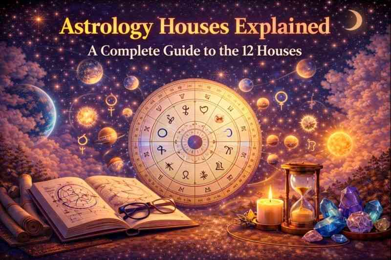 Astrology houses illustrated with a zodiac wheel, planets, and symbols showing the 12 life areas in a birth chart.
