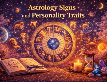 Astrology signs and personality traits illustrated with a zodiac wheel, planets, and symbols representing all 12 zodiac signs.