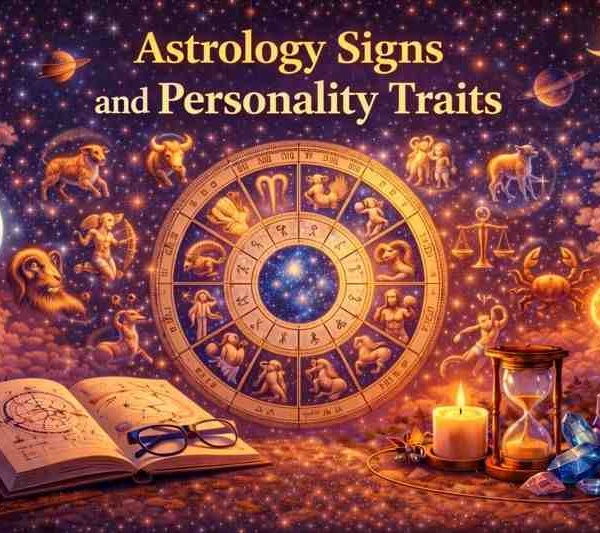 Astrology signs and personality traits illustrated with a zodiac wheel, planets, and symbols representing all 12 zodiac signs.