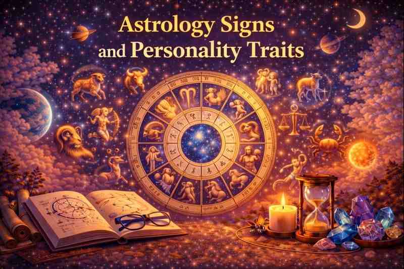 Astrology signs and personality traits illustrated with a zodiac wheel, planets, and symbols representing all 12 zodiac signs.