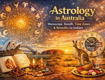 Astrology in Australia showing horoscope zodiac wheel, Kundli chart, Australian landmarks, time zones and Vedic remedies for Indians